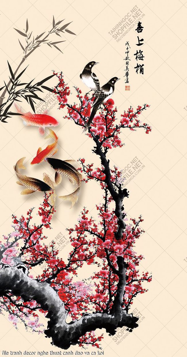 file tranh decor nghe thuat canh dao va ca koi